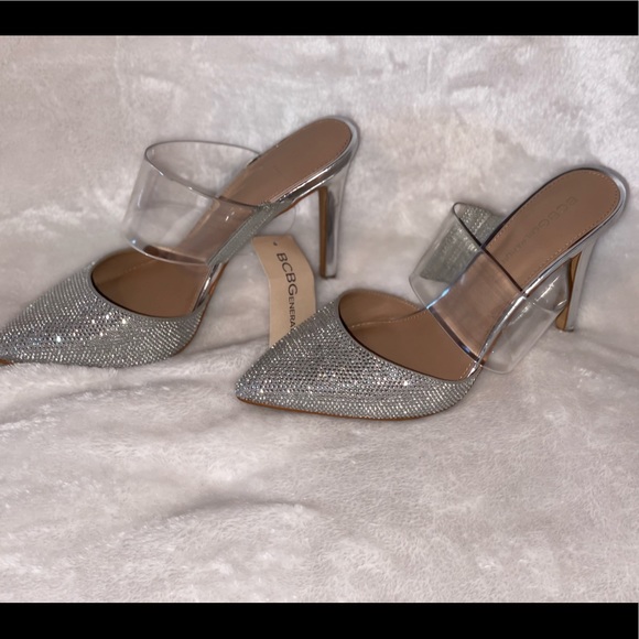 STUNNING BLING BCBG SILVER GLITTER WITH CLEAR RHINESTONES HIGH HEEL SHOES NWOT - Picture 4 of 16